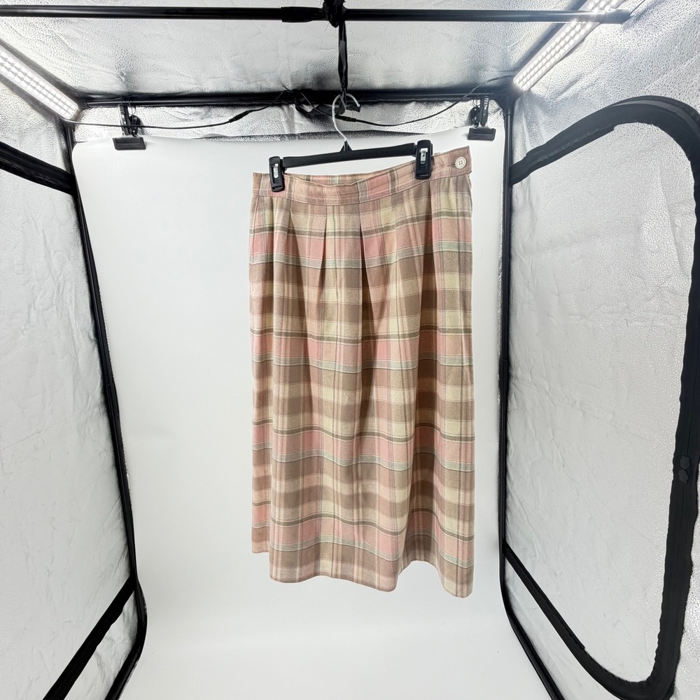 Vintage Wool Pink Plaid Pleated Midi Skirt High Waisted Cottagecore Academia